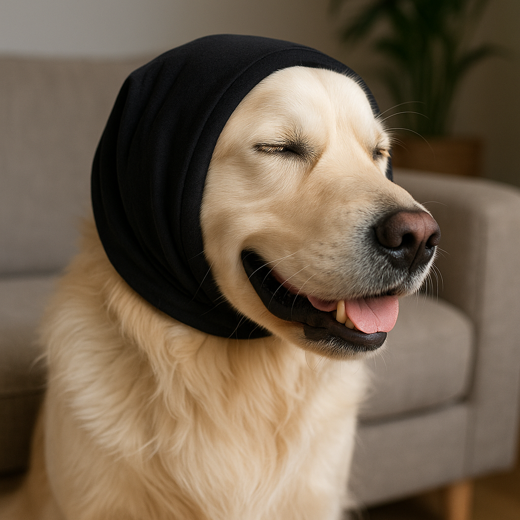 "dog wearing noise-canceling ear muffs"