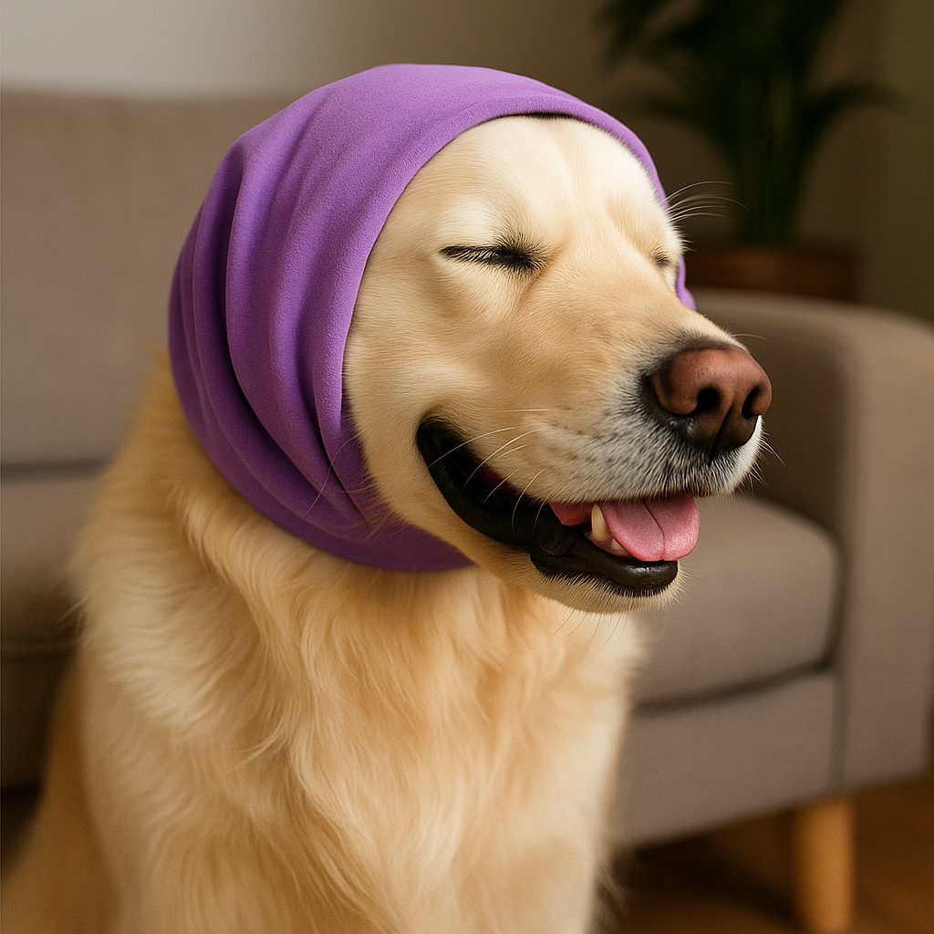 "dog wearing noise-canceling ear muffs"