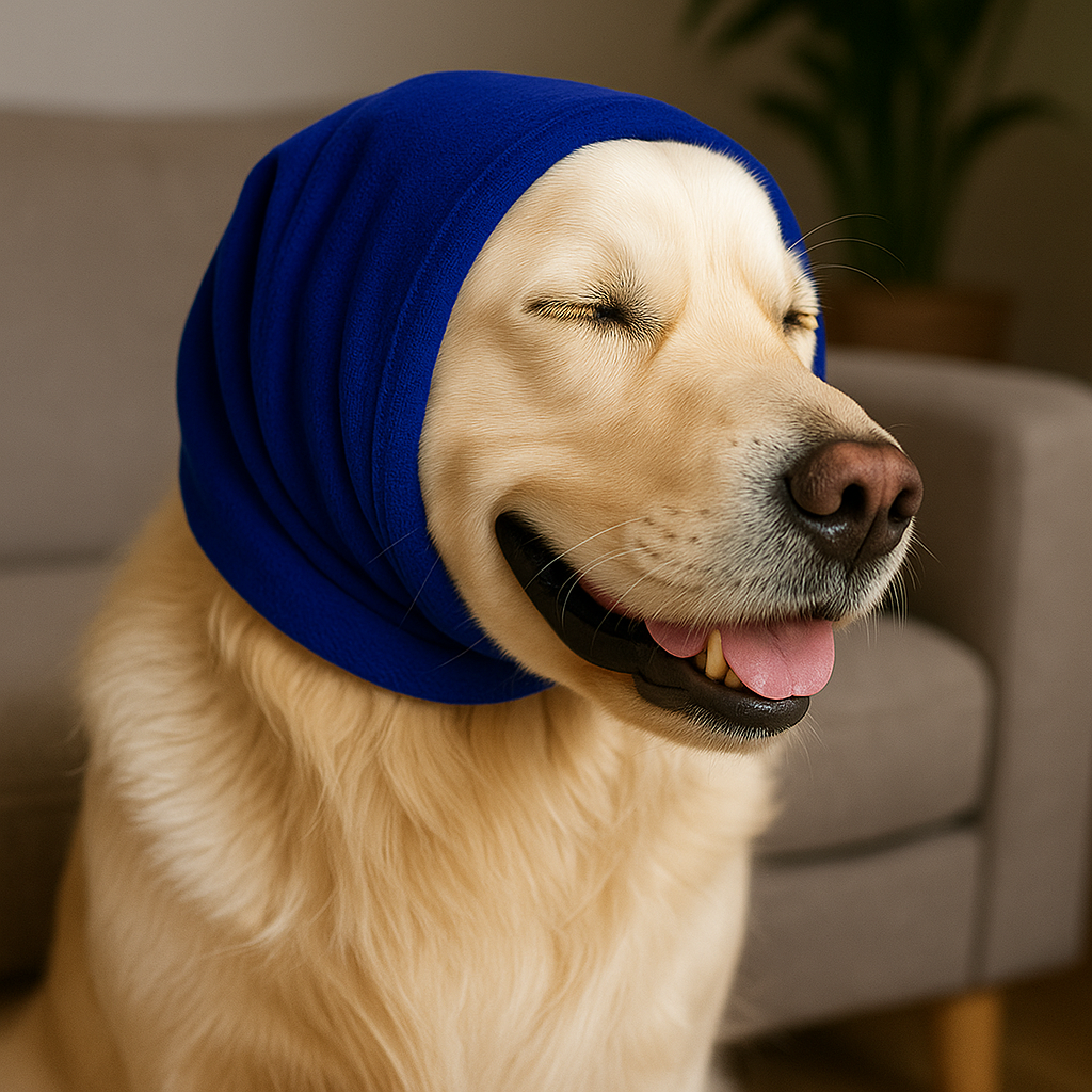 "dog wearing noise-canceling ear muffs"