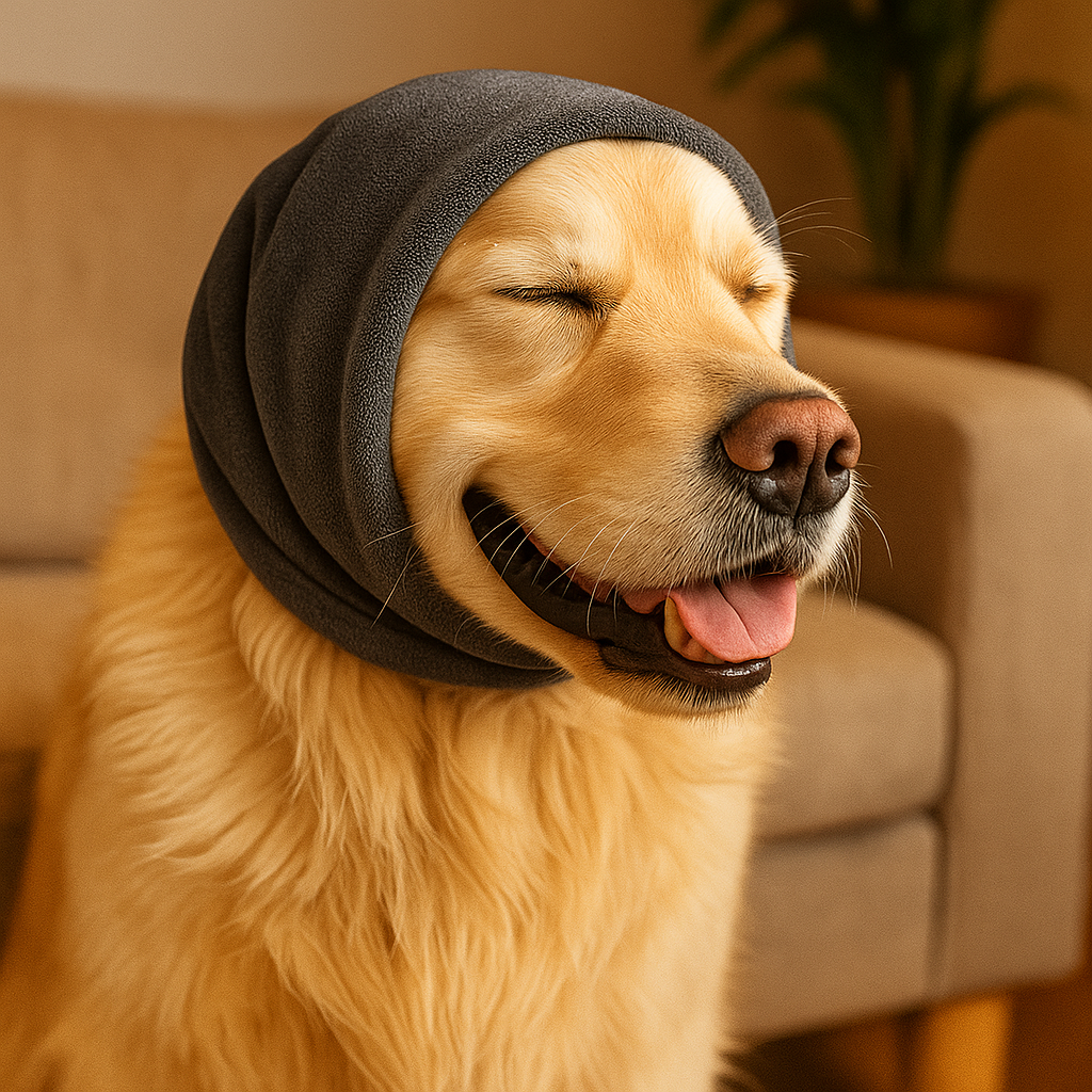 "dog wearing noise-canceling ear muffs"