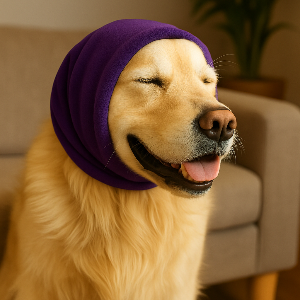 "dog wearing noise-canceling ear muffs"