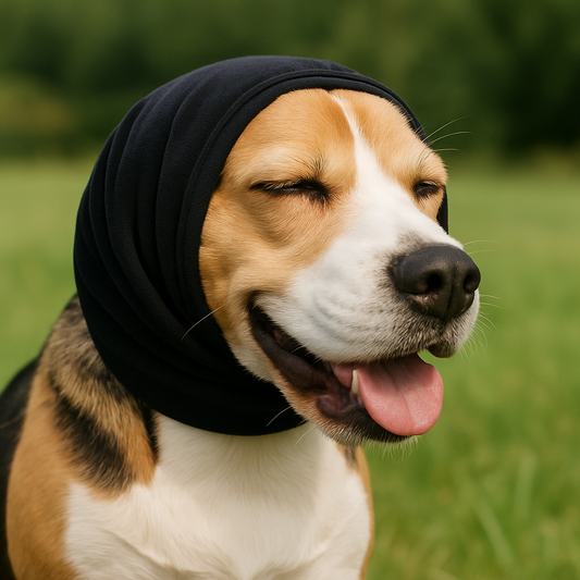 Beagle dog wearing black noise-canceling earmuffs sitting outdoors on green grass with eyes closed and tongue out, appearing calm and happy